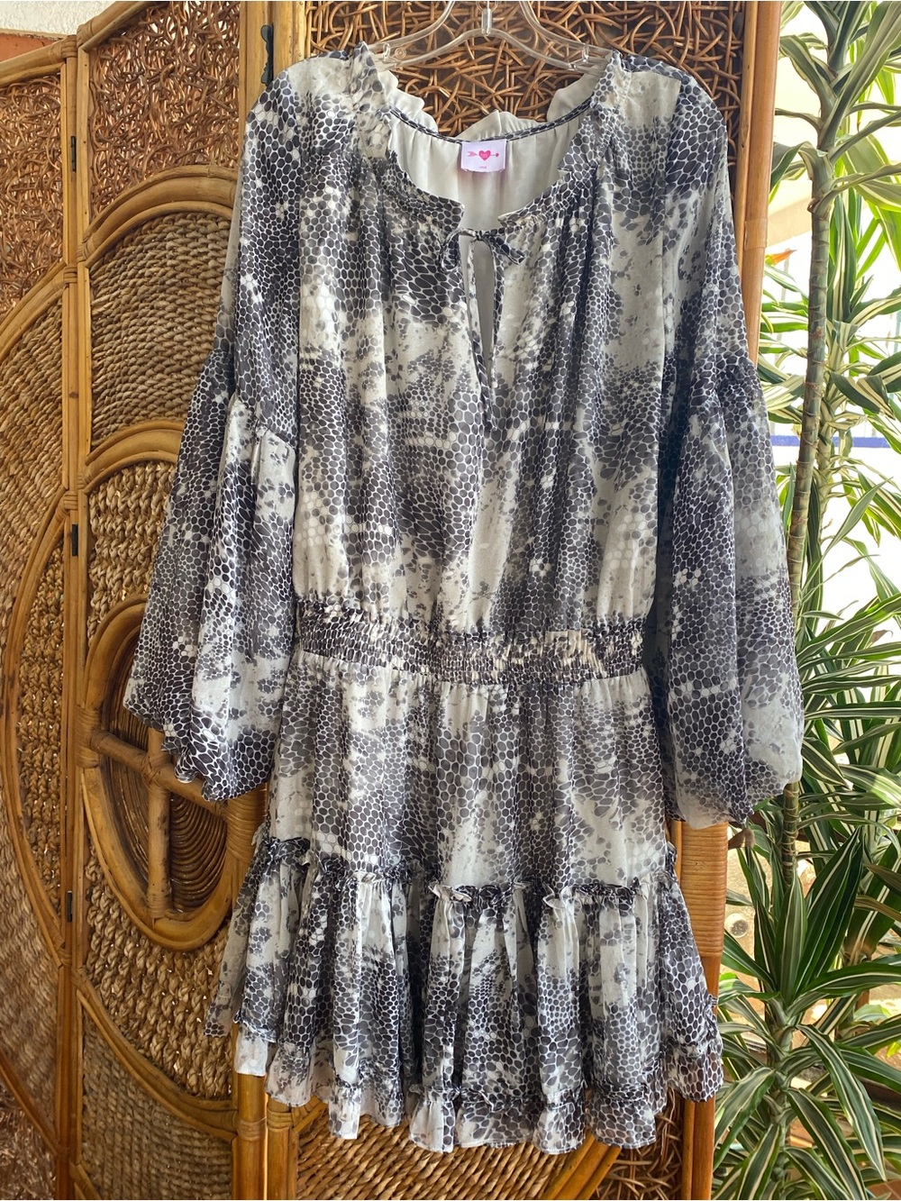 Buddy Love Snake Print Long Puffy Sleeves Ruffled Dress Light Fabric